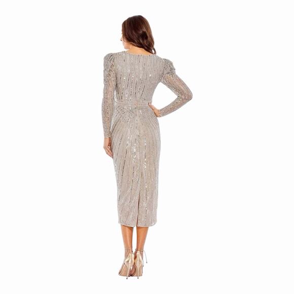 Mac Duggal 93676 Midi Dress Beaded V-Neck Long Sleeve Taupe Sequin Size 6 - Picture 13 of 14